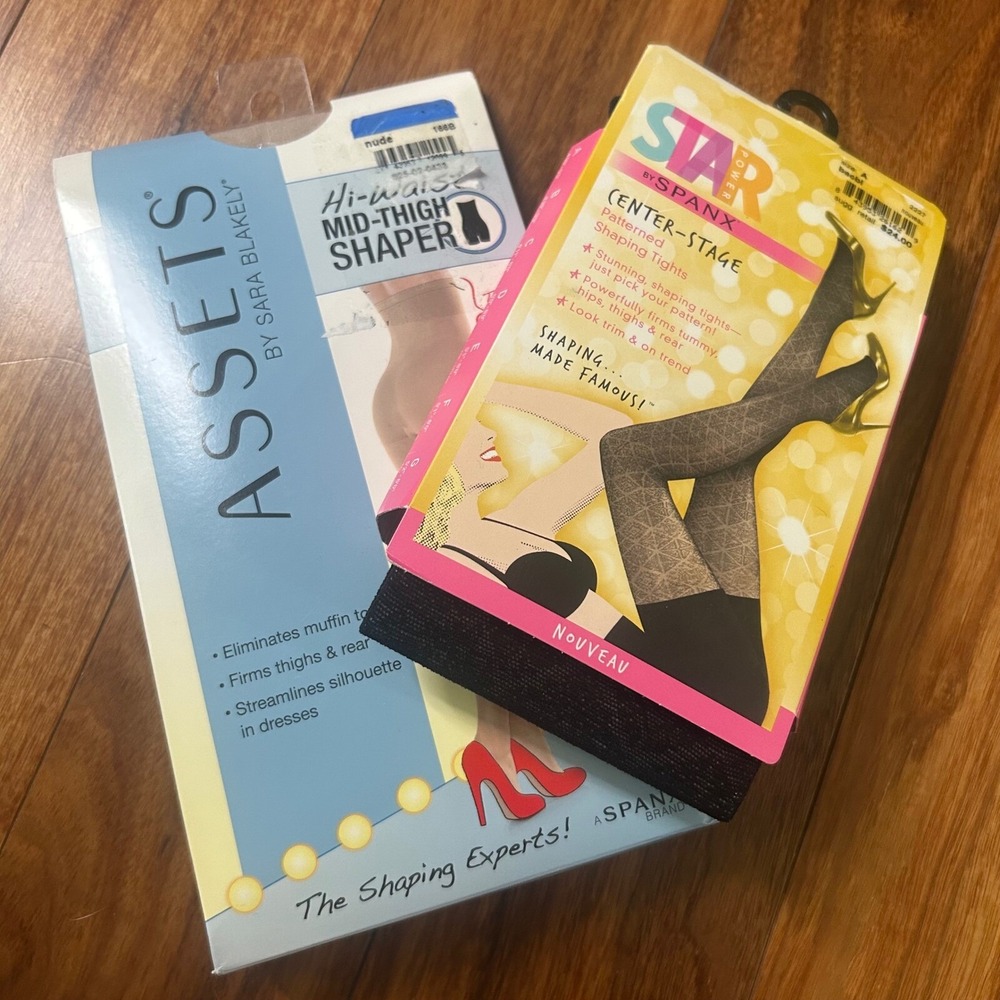 Assets by Sara Blakely Hi-Waist Mid-Thigh Shaper Nude + Spanx Patterned Tights A